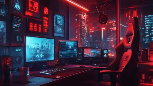 Neon hacker citadel with skyline-lit gaming command throne.