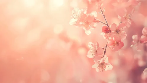 Shallow depth isolates pastel cherry blossoms in warm backlight