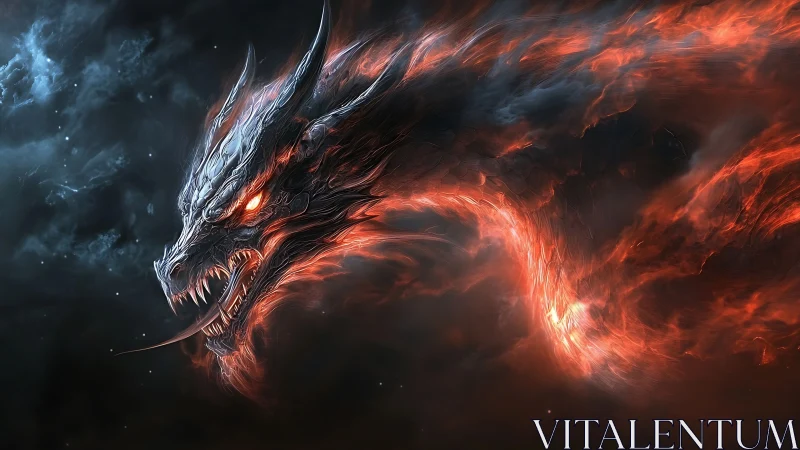 Inferno serpent dragon coils through stormlit cosmic night.