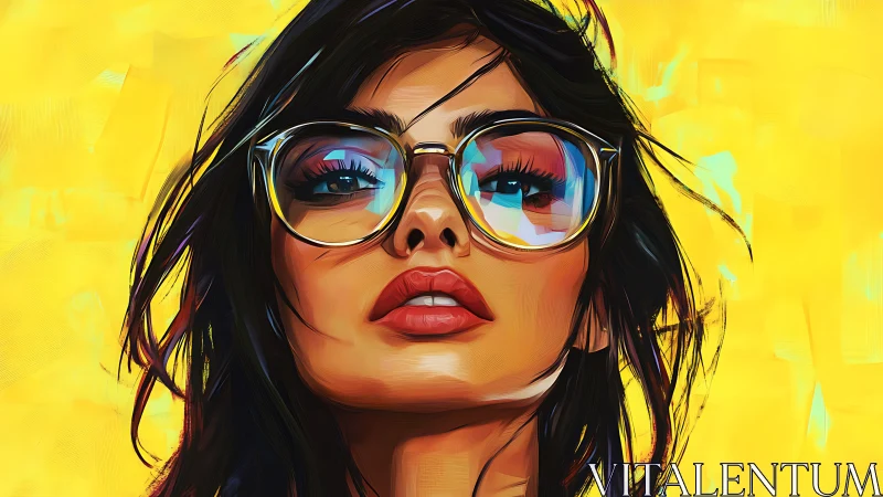 Bold digital portrait of woman in reflective glasses.