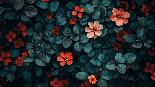 Coral floral composition with teal foliage displays saturated botanical contrast.