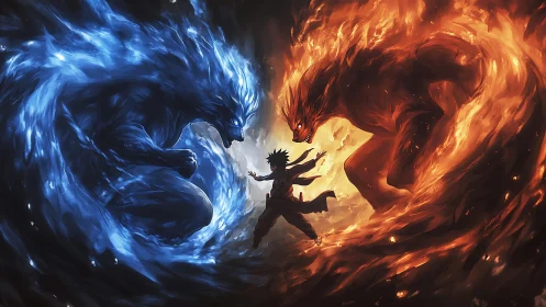 Elemental titans bend toward a lone warrior holding the storm