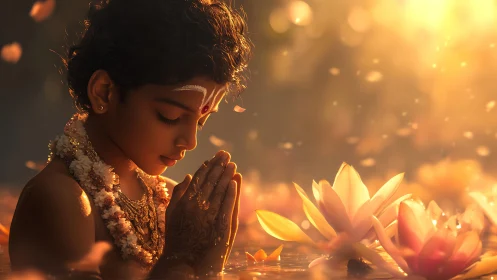 Child in sacred lotus pond bows in golden evening prayer