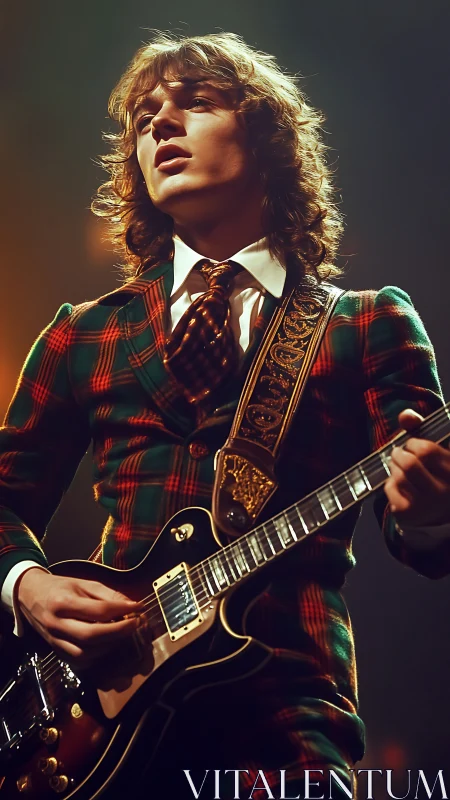 Vintage rock guitarist commands stage in tartan suit.