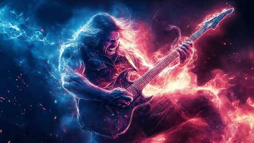 Blazing rock guitarist unleashes fiery neon energy solo