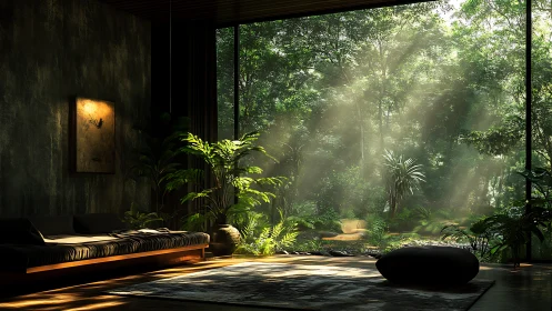 Sunbeams quietly turn this forest-facing lounge into poetry