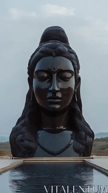 Monolithic black Shiva bust with reflective pool alignment.