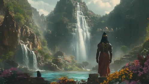 Mythic figure overlooks cascading jungle waterfalls panorama.