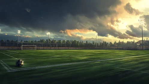 Empty soccer field under stormy sunset sky with lights on.