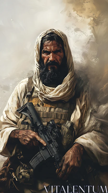 Weathered desert soldier studies the horizon in silence