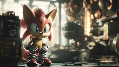 Steampunk fox hero rendered in cinematic 3D workshop scene.