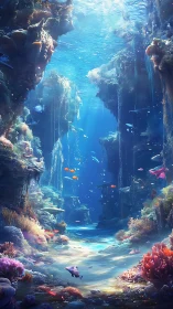 Luminous coral canyon with sunlit fish and drifting currents.