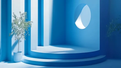 Minimalist interior with celestial window and botanical accent.