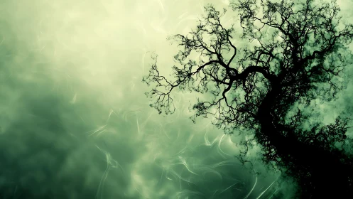 Surreal Abstract Tree Silhouette Against Green Misty Background.