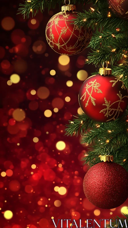 Red bauble ornaments on evergreen branch with bokeh lights