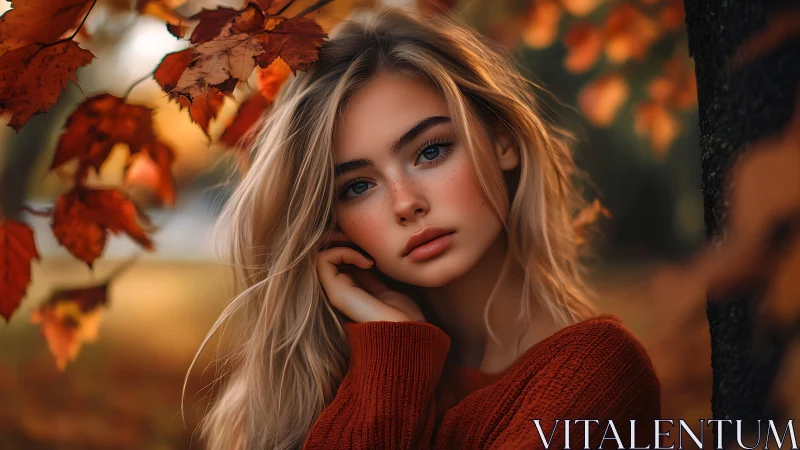 Autumn portrait of blonde woman in warm tonal close-up study.