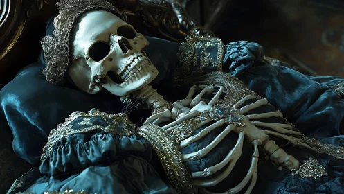 Regal skeletal effigy in baroque textile and jeweled regalia.