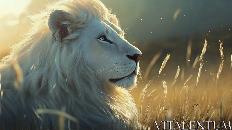 White lion profile in golden backlit savanna grassland.