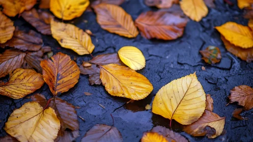 Wet pavement with scattered yellow and brown autumn leaves.