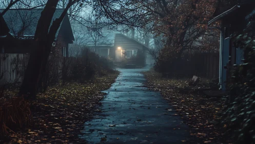 Foggy residential lane converges on single illuminated house