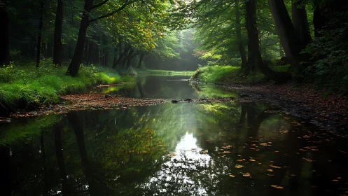 Peaceful forest river reflecting soft morning light.