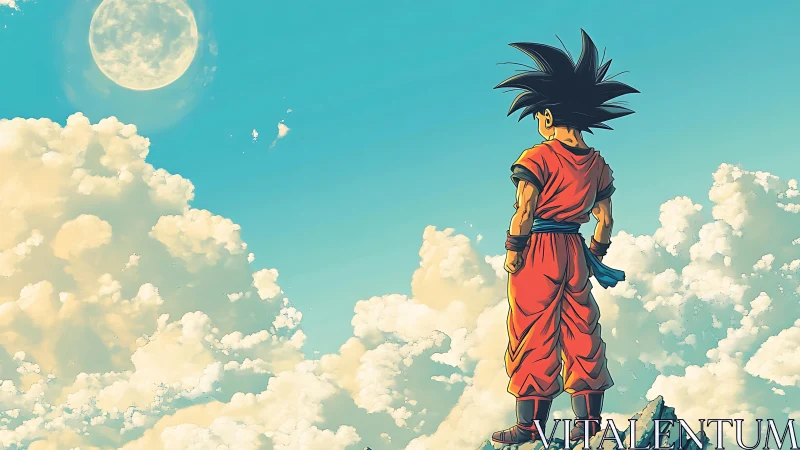 Young skyward hero pausing on a sunlit sea of clouds.