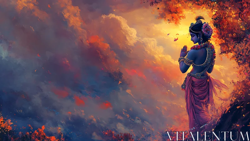 Luminous deity silhouette amid spectral sunset cloud strata.