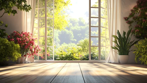 Sunlit garden room with open French doors and plants.