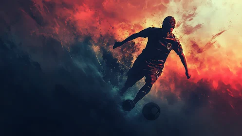 Blazing soccer player surges through swirling fiery color storm