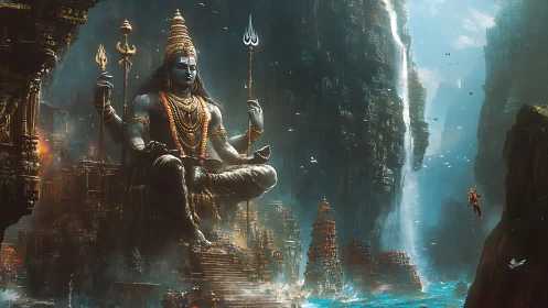 Colossal blue deity seated amid cascading cliff temples.
