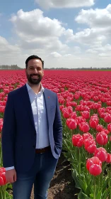 Business professional standing in vibrant pink tulip fields.