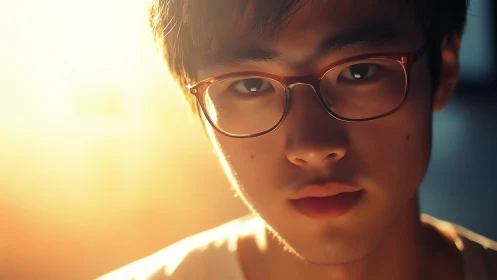 Warm sunset portrait captures thoughtful gaze in light.