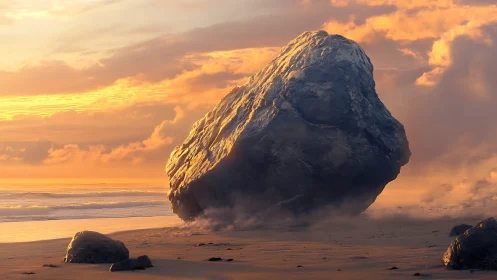 Large angular boulder rests on flat coastal sand at sunset