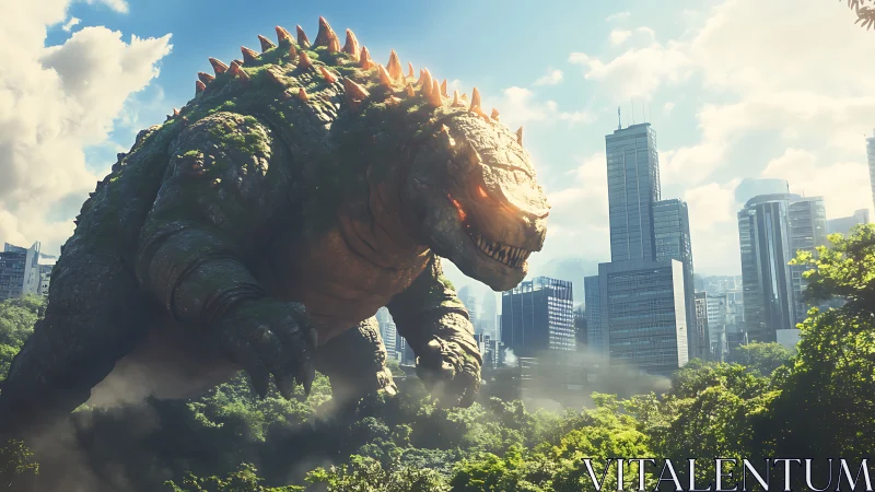 Colossal mossy kaiju looms above a modern city skyline.