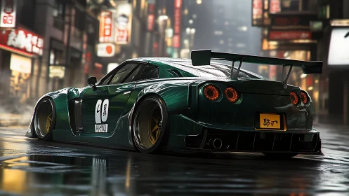 Modified green sports car on wet urban night street scene.