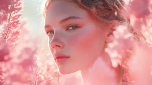 Soft pink portrait amid dreamy spring blossoms glow.