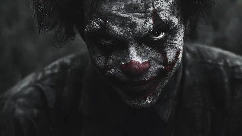 Dark close-up portrait of sinister clown face in shadow.