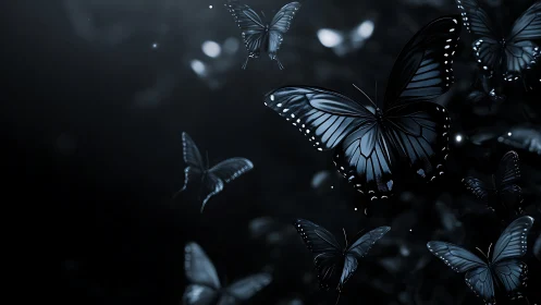 Nocturnal blue butterflies in high-contrast digital painting.
