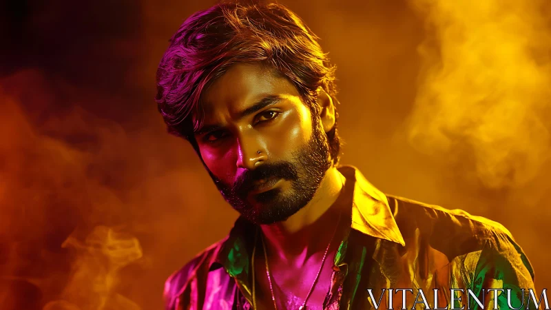 Moody portrait of man in vivid orange and magenta light.