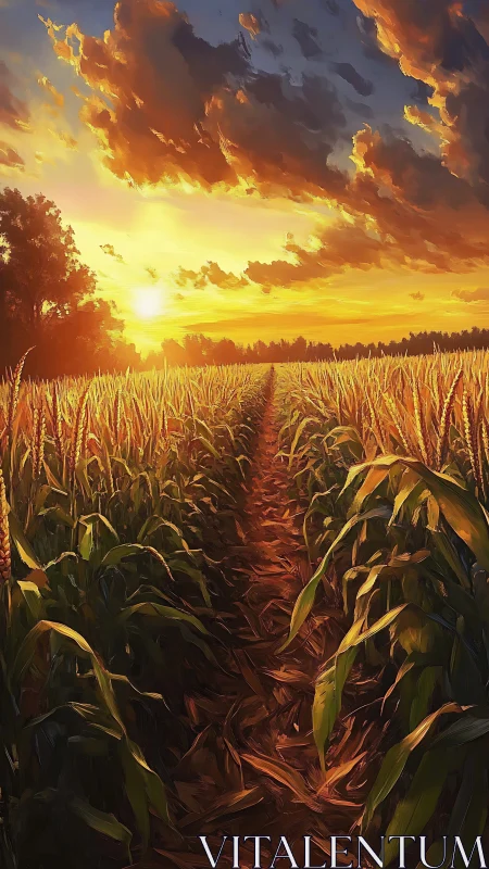 Sunset light across cornfield path under dramatic clouds.