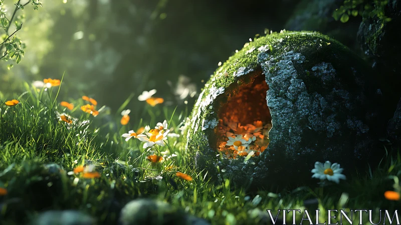 Mossy stone hollow glows warm among wild meadow flowers.