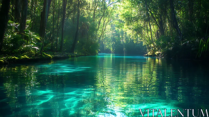 Sunlit tropical river with volumetric light and subsurface caustics