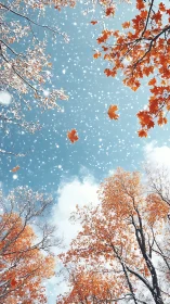 Transitional canopy with autumn foliage under soft snowfall.