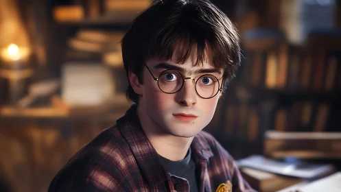 Young person with round glasses in book-filled interior.