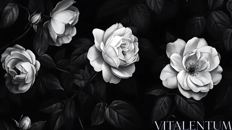 Monochrome Roses Blooming Against Darkness.