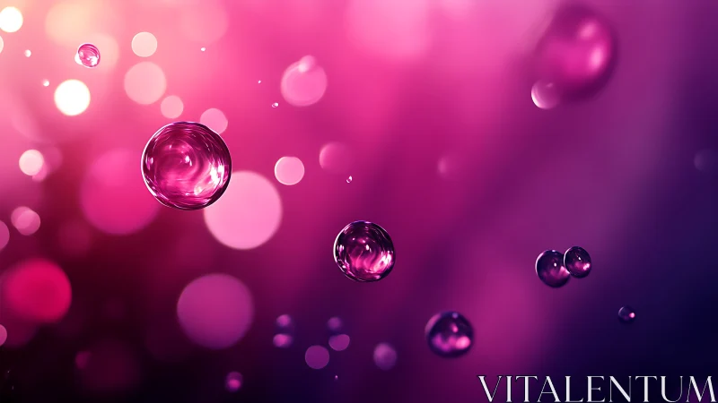 Pink liquid bubbles floating on soft bokeh background.