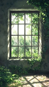 Sunlit ivy window merges abandoned interior with garden