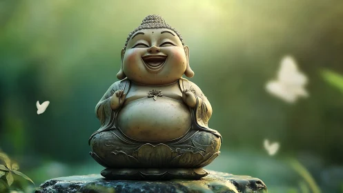 Laughing Buddha figurine on stone with soft green backdrop.
