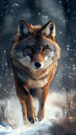 Winterfire wolf strides through falling snow and quiet frost.