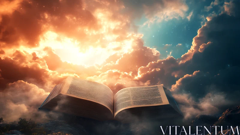 Luminous ancient tome floating in dramatic celestial cloudscape